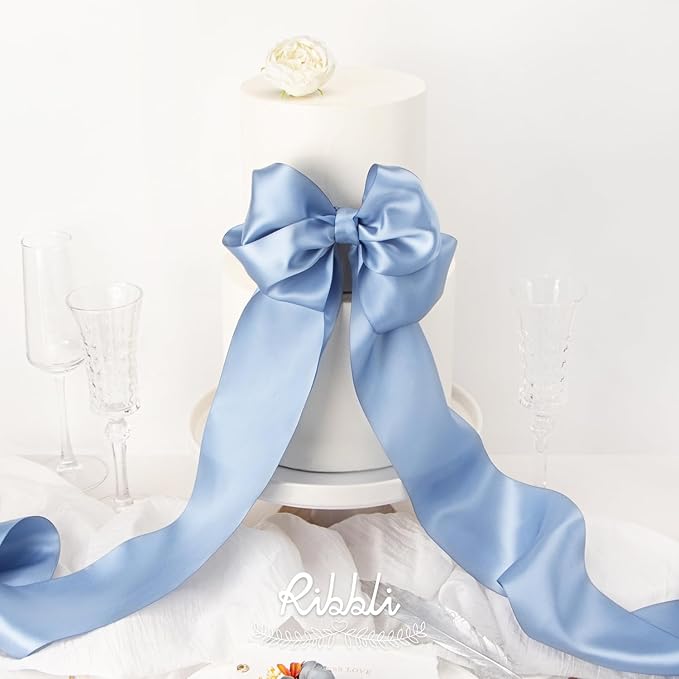 Ribbli Dusty Blue Satin Ribbon 4 Inch Wide Dusty Blue Ribbon - Image 3