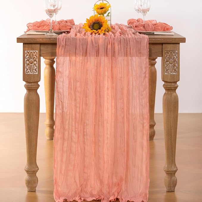 Coral Pink Cheesecloth Table Runner Fall Table Runner Boho Gauze 120 Inches - Image 4