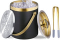 Insulated Ice Bucket with Lid, Handle and Tong Black Gold Stainless Steel by SIPOYEN