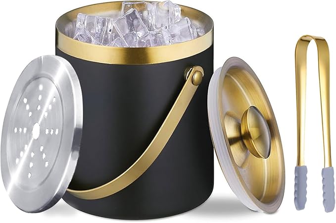 Insulated Ice Bucket with Lid, Handle and Tong Black Gold Stainless Steel by SIPOYEN