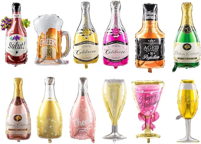 Collect Present Champagne and Wine Bottle Balloons – 12 Foil Balloons – Birthday - Image 6