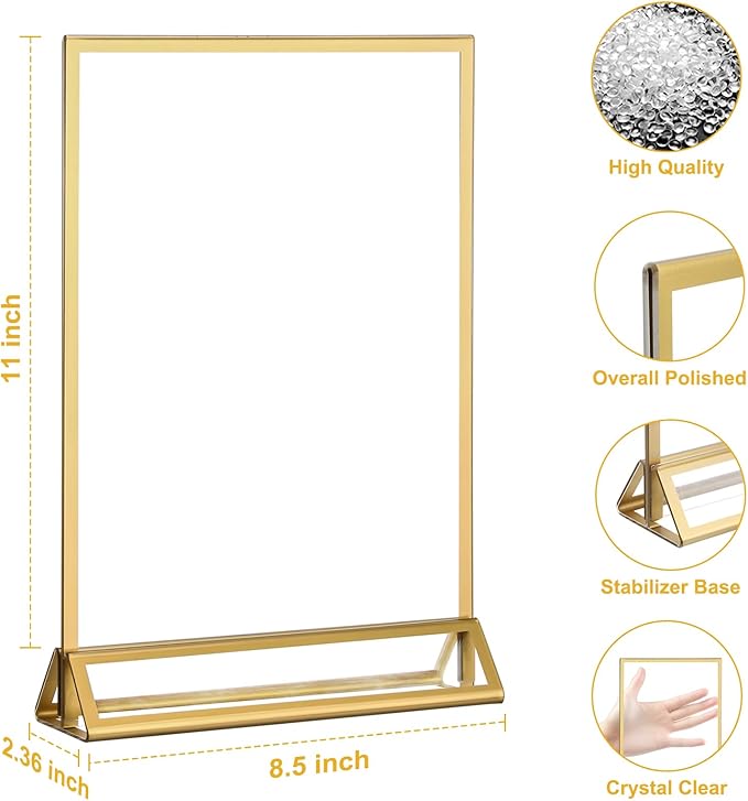 EHWINE 8 Pack Acrylic Sign Holder 8.5 x 11, Double Sided Gold Picture Frame - Image 4