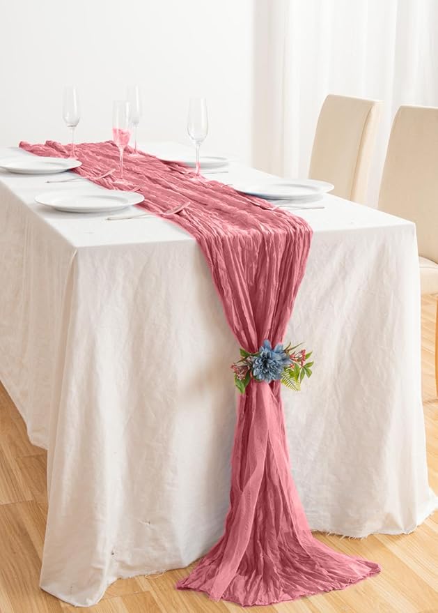 8 Pack 10Ft Table Runner 35x120 inch Dusty Rose Boho Gauze Table Cheese Cloth - Image 6