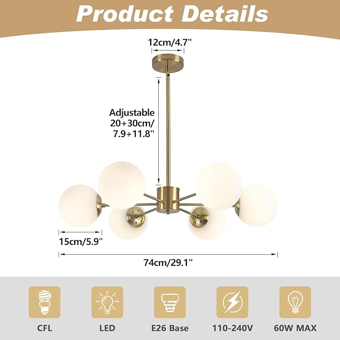 KCO 6-Light Globe Sputnik Chandelier Milk Glass Modern Gold Chandelier Light - Image 2