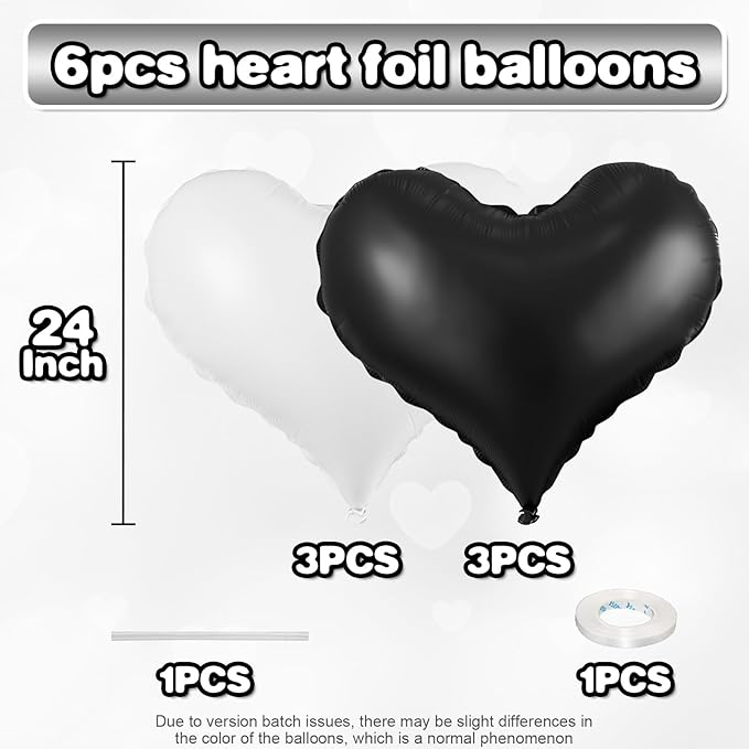 Black White Heart Balloons, 24Inch Large Black Heart Foil Balloons - Image 2