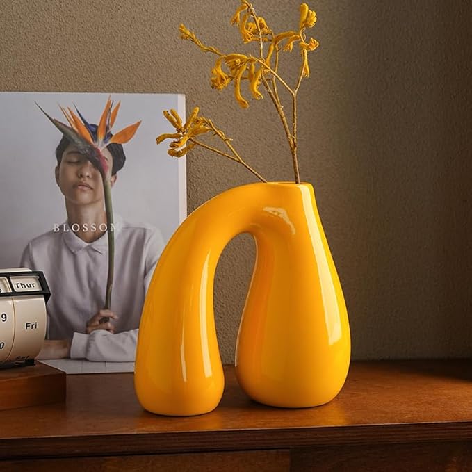 Yellow Ceramic Vase – Glossy Modern Sculptural Décor, Arch Handle Artistic by PROBENEX-Elevateyourhomedecor