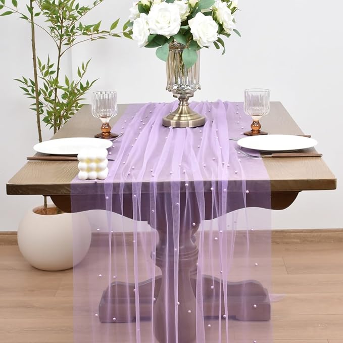 Joanlody Fall Pearl Table Runner 10ft Rustic Boho Tulle Table Runner - Image 2
