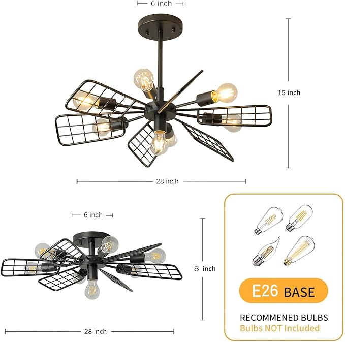 Modern Farmhouse Chandelier, 28 Inch Black Metal Geometry Rustic Vintage Semi - Image 4