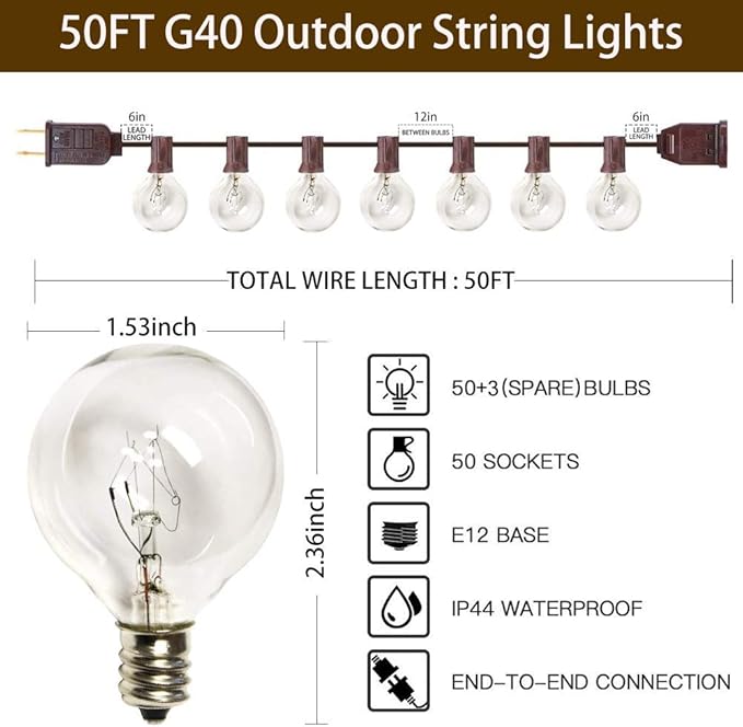 50Ft Outdoor Patio String Lights, G40 Clear String Lights - Image 6