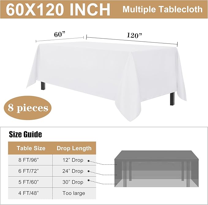 sancua 8 Pack White Tablecloth 60 x 120 Inch, Rectangle Table Cloth - Image 7