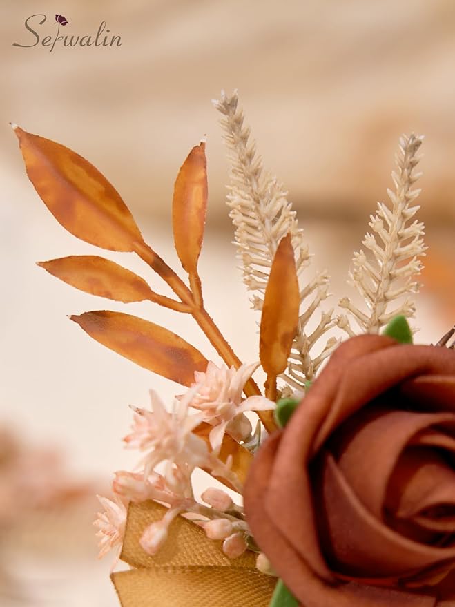 Serwalin 10Pcs Boutonniere for Men, Burnt Orange Groom and Best Man Boutonniere - Image 8