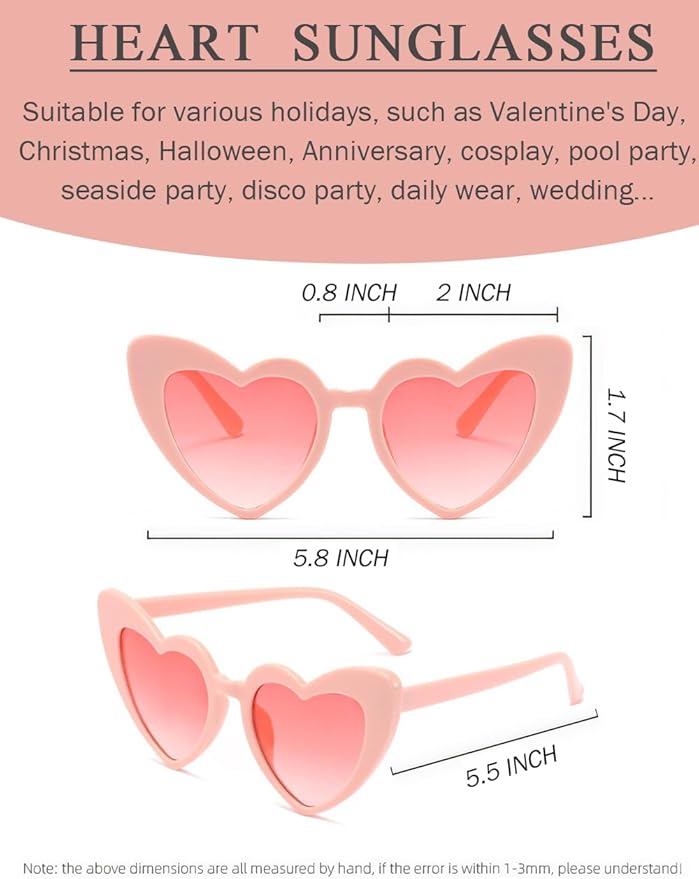 8 Pack Heart Sunglasses Vintage Cat Eye Heart Glasses Retro Bachelorette Bride - Image 2
