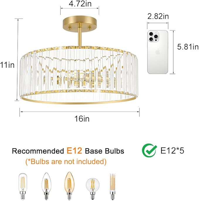 Modern Crystal Ceiling Light Fixture, Semi Flush Mount Ceiling Light, Brushed - Image 5