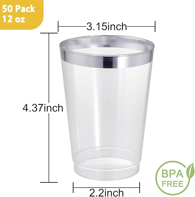 I00000 50 Pack 12 oz Silver Rimmed Disposable Cups, Heavy Duty Plastic Tumblers - Image 2