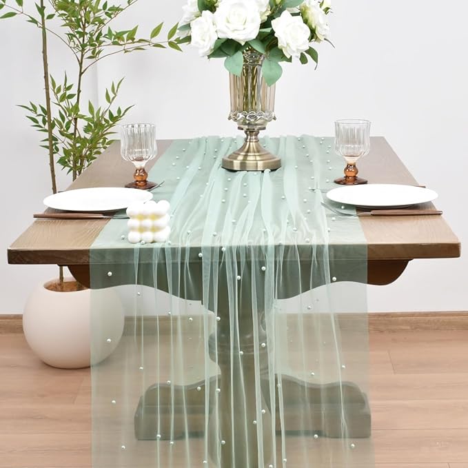 Joanlody Fall Pearl Table Runner 10ft Rustic Boho Tulle Table Runner - Image 2