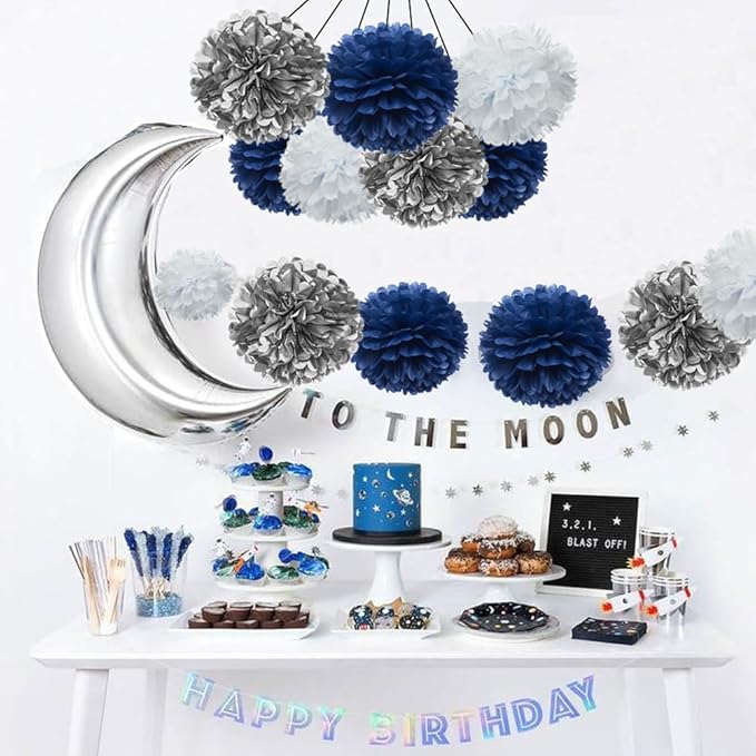 Royal Blue Silver and White Paper Flower Tissue Pom Poms - Image 2