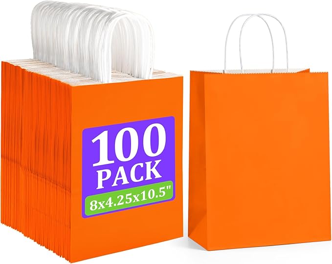 BagDream 8x4.25x10.5 Inch 100Pcs Orange Gift Bags Medium Size, Kraft Paper Bags - Image 7