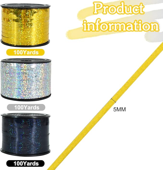 BEISHIDA 3 Pack 100 Yards Gold Silver Black Curling Crimped Glitter Ribbon - Image 2