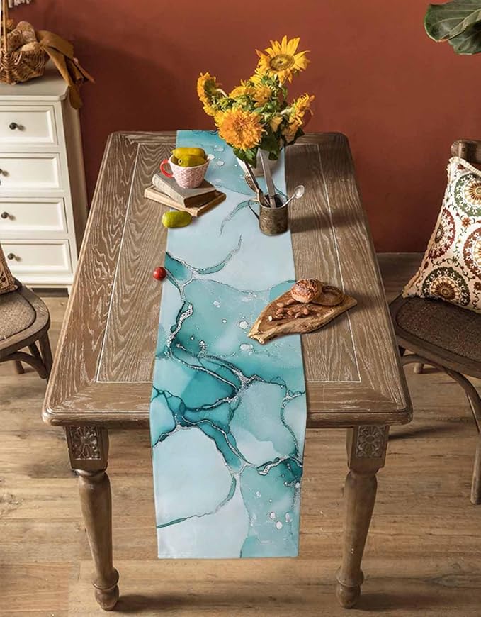 Turquoise Marble Cotton Linen Table Runner - Image 4