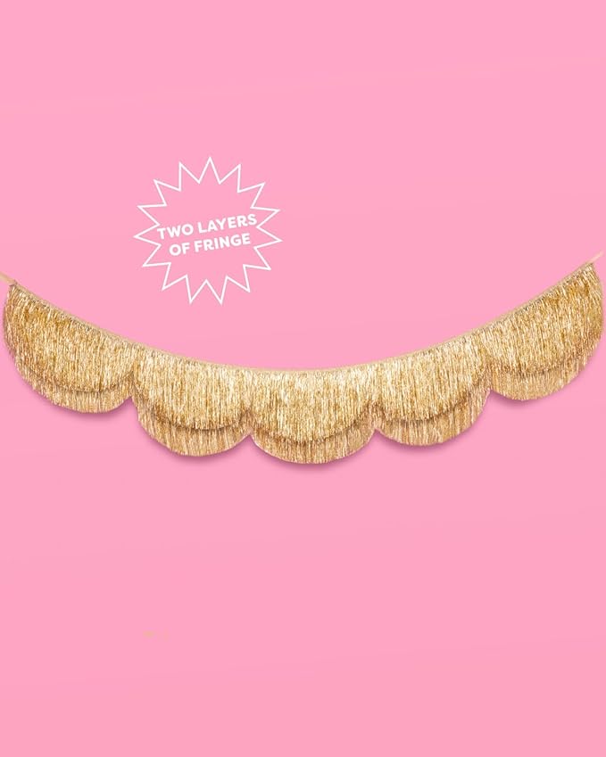 xo, Fetti Gold Scalloped Layered Fringe Banner - 5 Ft. | Bachelorette Party - Image 2