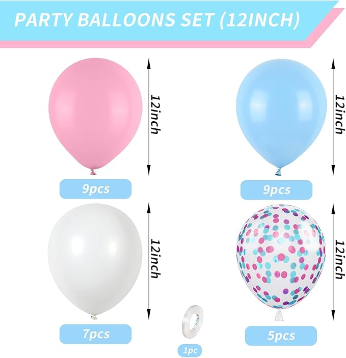 Pink and Blue Balloons Set, 12 Inch Pastel Pale Blue Pink Confetti Latex - Image 2