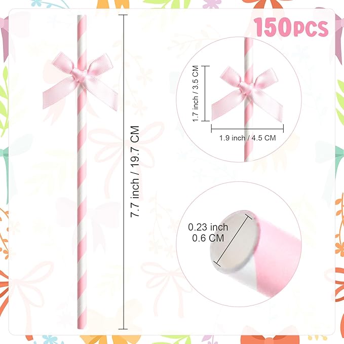 150 Pcs Pink Paper Straws for Drinking, Bow Disposable Striped Paper Straws - Image 3