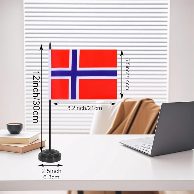 Norway Desk Flag 12" Solid Pole Deluxe Set Norwegian Flags Banner Mini Small - Image 2