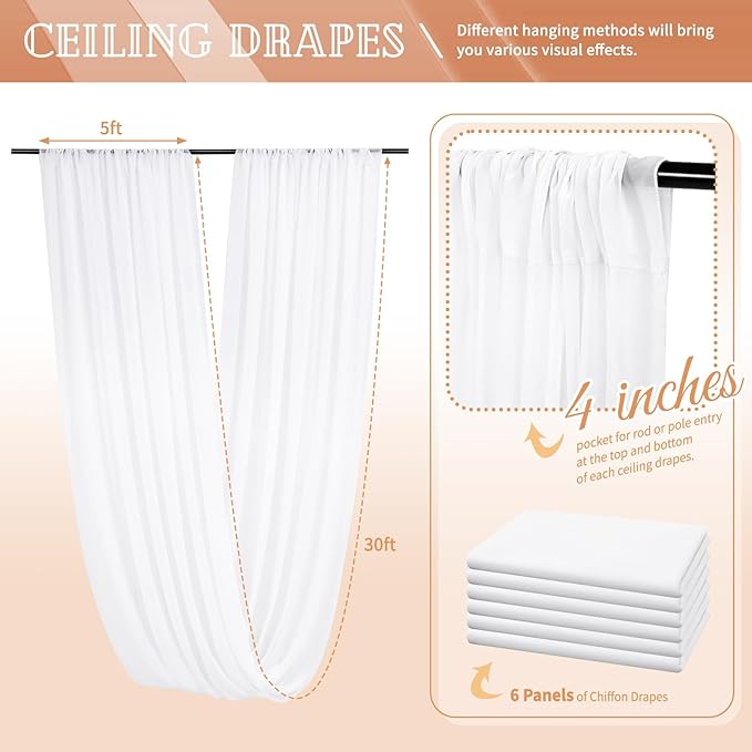 6 Panels White Ceiling Drapes 5ftx30ft Sheer Drapery Ceiling Curtains Chiffon - Image 2