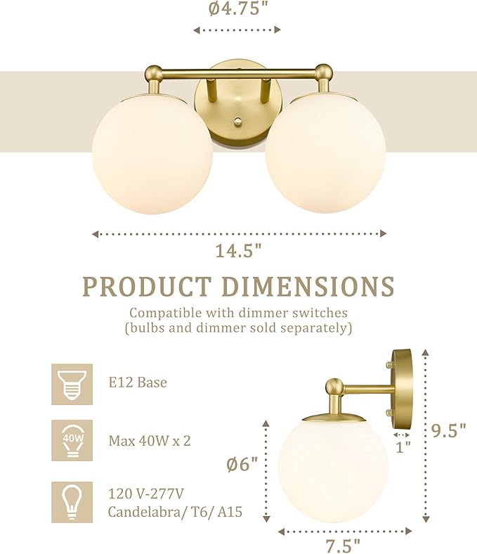 Gold Bathroom Light Fixtures, 2-Light Vanity Lights Over Mirror Wall Sconce - Image 5