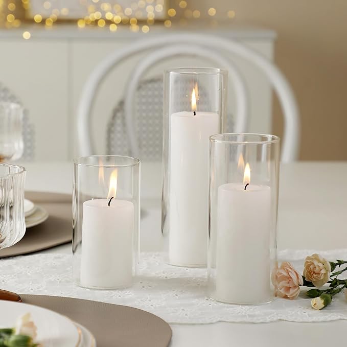 UDU Set of 6 White Pillar Candles and 6 Glass Cylinder Vases Hurricane Holders - Image 3
