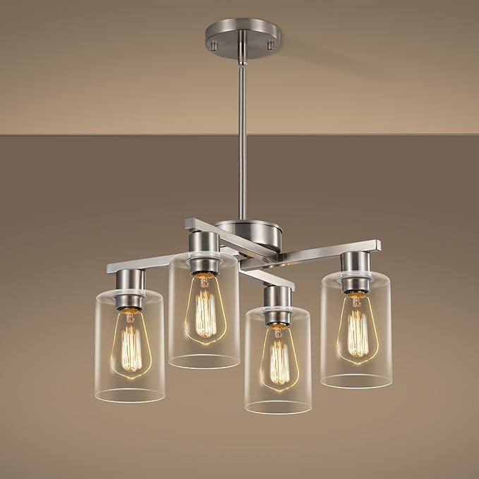 4-Light Modern Farmhouse Brushed Nickel Chandelier, Dining Room Light Fixture by Unknown