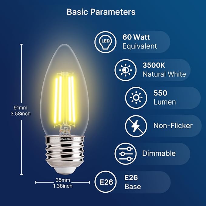 FLSNT 60W Equivalent LED Chandelier Light Bulbs, Dimmable LED B11 E26 - Image 2