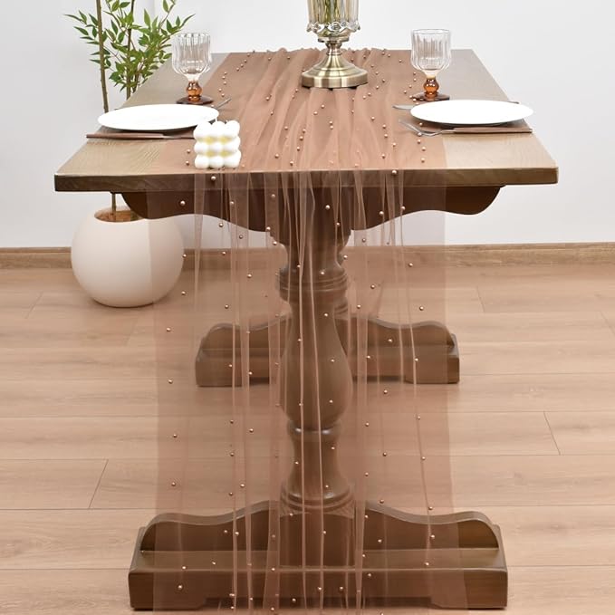 Joanlody Fall Pearl Table Runner 10ft Rustic Boho Tulle Table Runner - Image 6