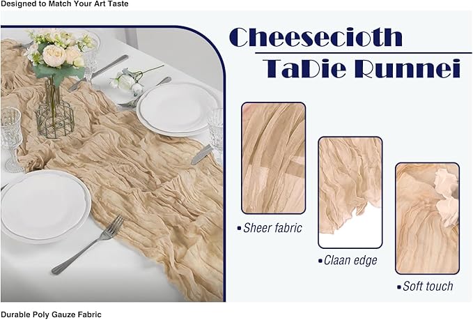 12 Pack Beige 10 Ft Cheesecloth Table Runner 20x121 Inch Boho Wrinkled Sheer - Image 2