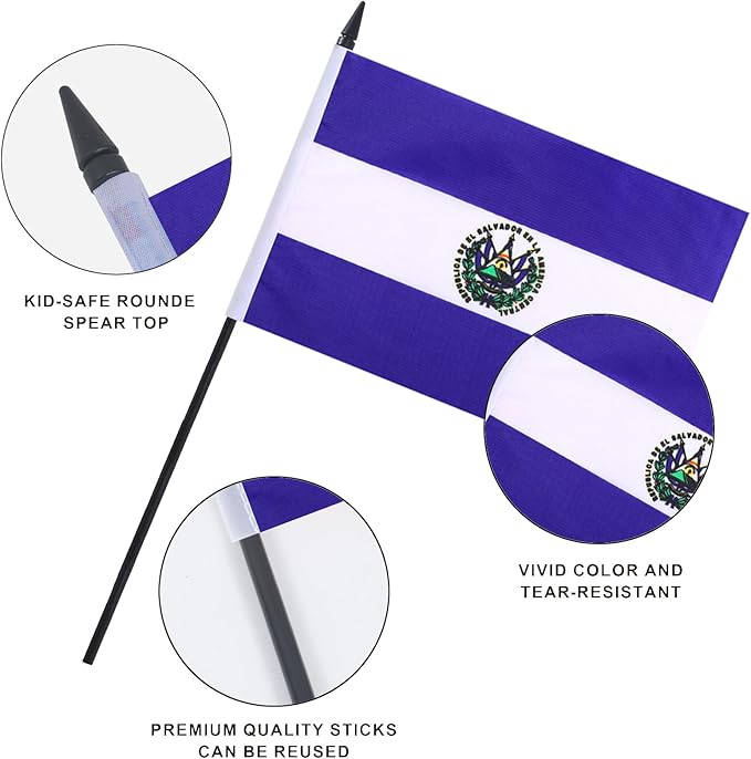 El Salvador Desk Flag 12" Solid Pole Deluxe Set Salvador Flags Banner Mini - Image 4
