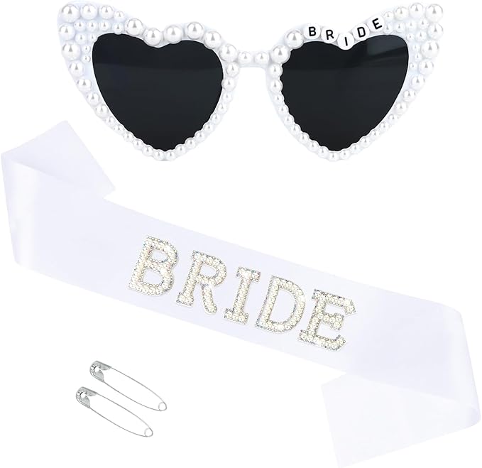 White Bride Sash & Heart Sunglasses Set Bachelorette Party Decorations Bridal by FASHIONORIGINSANDHERE