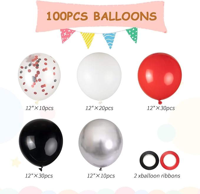 100pcs Red Black White Balloons Kit - Image 3