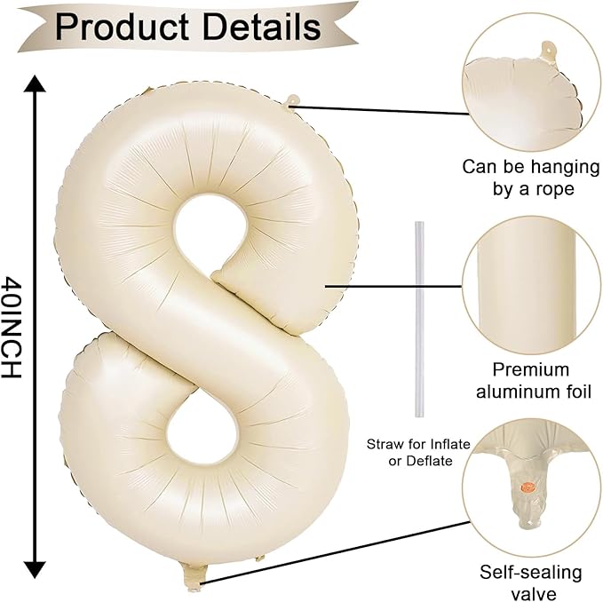 40 Inch Balloon Number 8 Beige, Large Foil Cream Number 8 Balloons Set 0-9 - Image 2