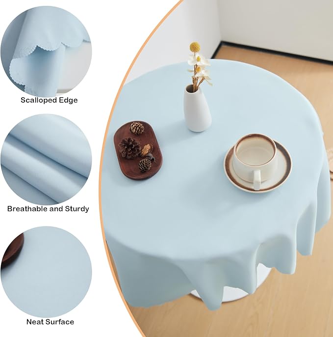 Small Round Light Blue Tablecloth 36 Inch Polyester Fabric Washable Table Cover - Image 4