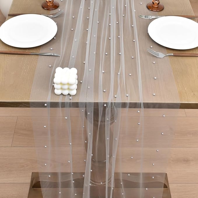 Joanlody Fall Pearl Table Runner 10ft Rustic Boho Tulle Table Runner - Image 5