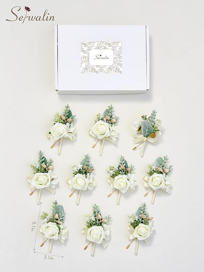 Serwalin 10Pcs Boutonniere for Men, Artificial Flowers for Wedding - Image 8