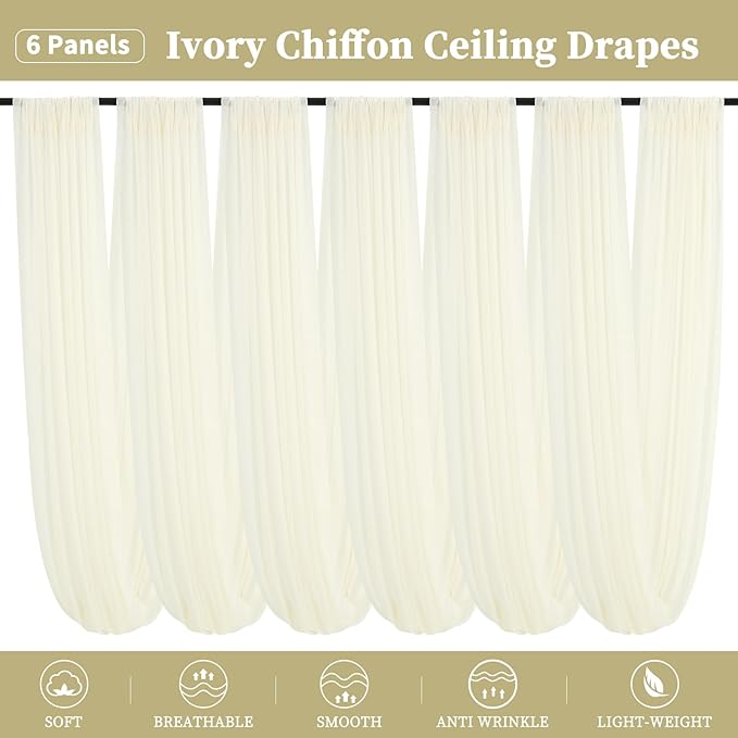 6 Panels Ivory Ceiling Drapes for Wedding 5ftx20ft Chiffon Fabric Arch Draping - Image 2