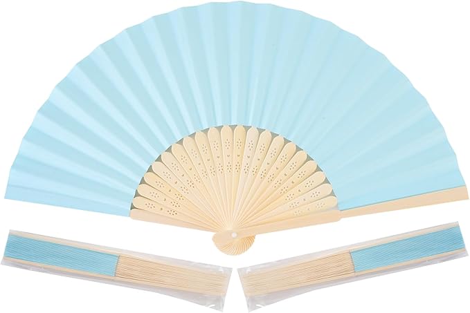 50pcs Blue Paper Hand Fan Bamboo Folding, Handheld Paper Folded by SEPWEDD