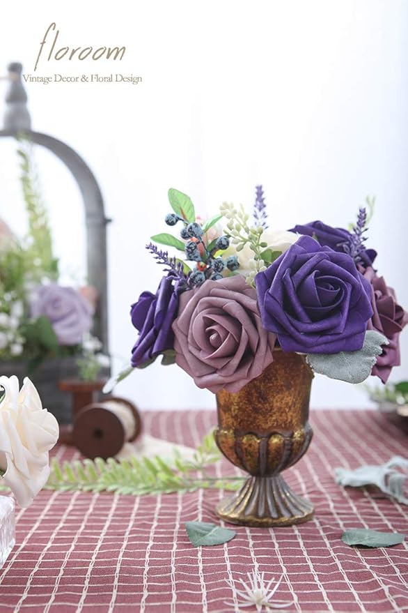 Floroom Artificial Flowers 50pcs Real Looking Dark Purple Foam Fake Roses - Image 3