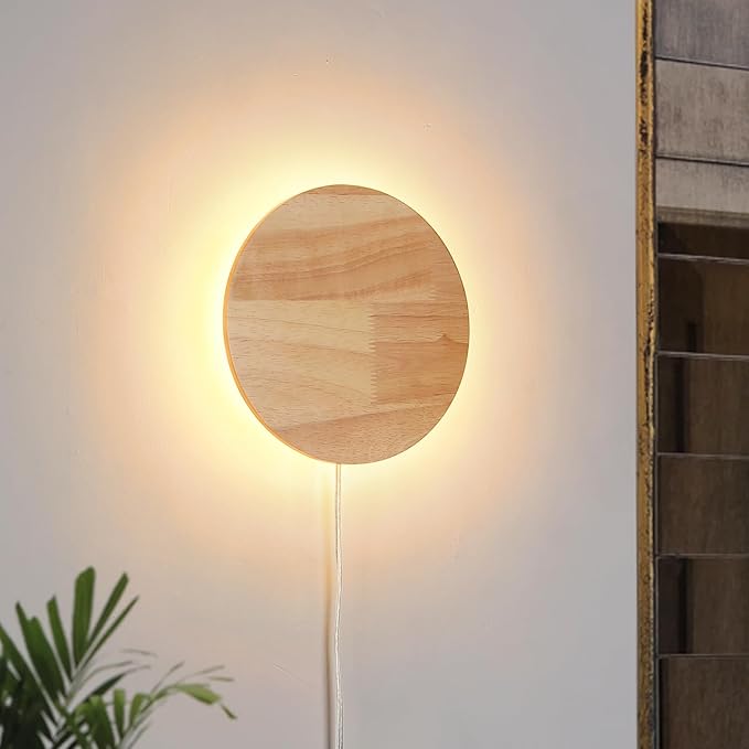 Modern Minimalist Plug in Wall Sconces, Plug-in Or Cordless 7.9'' Round Wood by ATALUZ