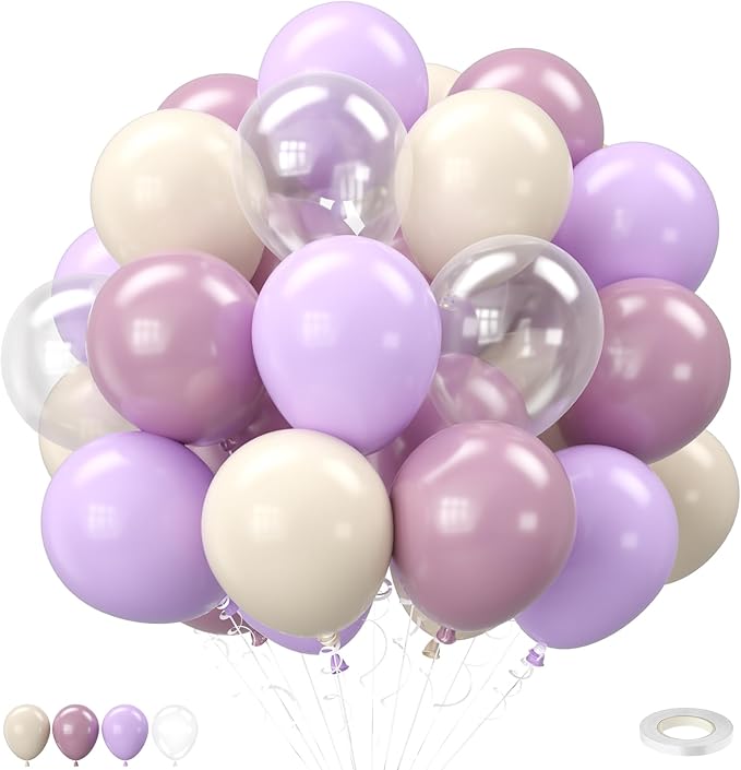 Purple and White Balloons, 12 Inch Pastel Purple Beige Cream White Clear Latex by BIAPIAN