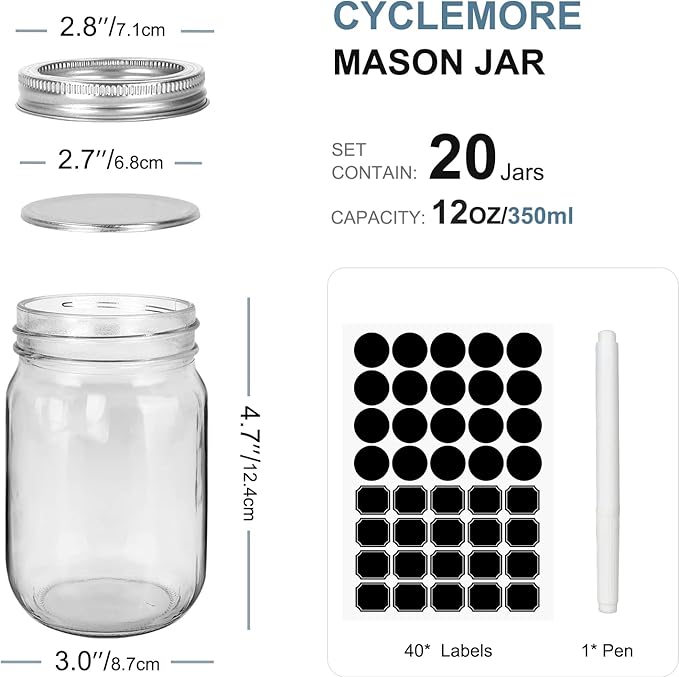 CycleMore 20 Pcs 12oz Glass Mason Jars - Image 2