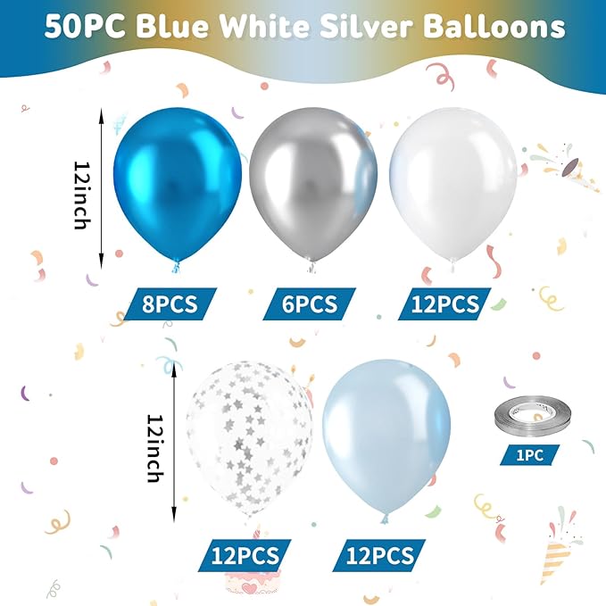 Blue Silver Balloons, Pearl Light Blue White Balloon - Image 5