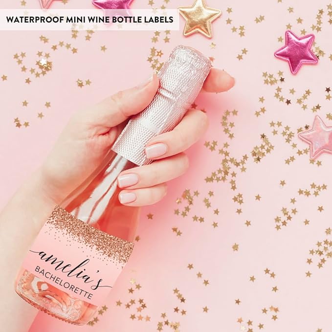 Andaz Press Personalized Bachelorette Mini Wine Labels, Blush Pink Faux Rose - Image 6