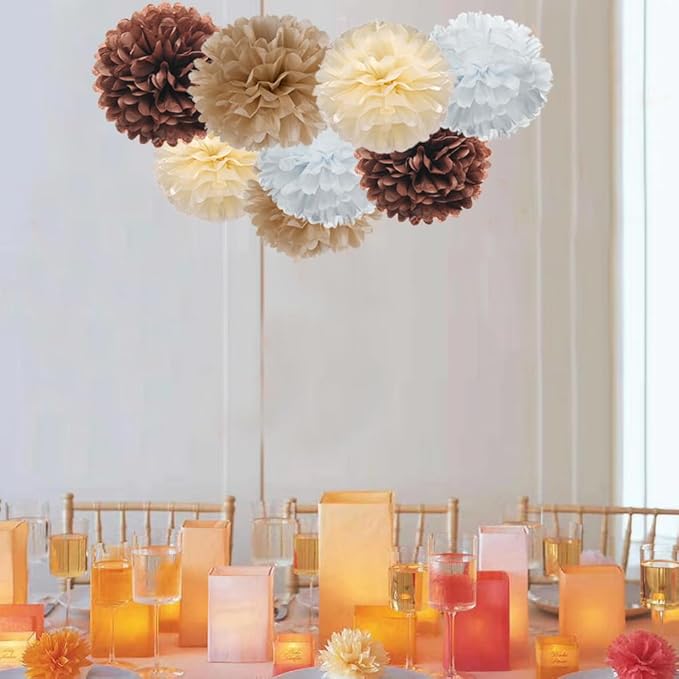 Brown Champagne Tan Ivory and White Tissue Paper Pom Poms Flower - Image 2
